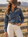 Blue Denim Floral Embroidered Western Shirt