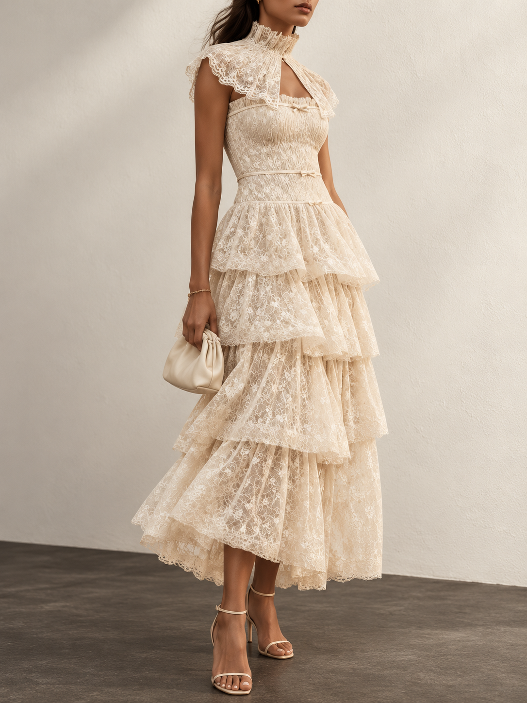 Cream Lace Tiered Midi Dress