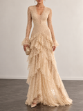 Champagne Lace Long Sleeve Tiered Maxi Dress