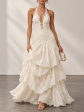 Cream Lace Halter Tiered Maxi Dress