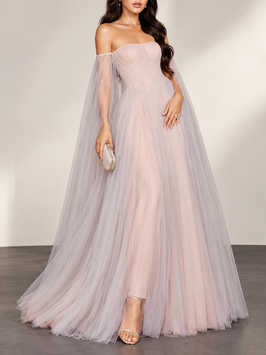 Blush Tulle Off Shoulder Cape Maxi Dress