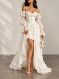 White Off Shoulder Lace Trim High Low Maxi Dress