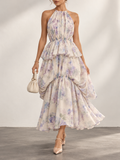 LightPurple Floral Print Halter Tiered Midi Dress