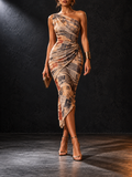 Beige Black Newspaper Print One Shoulder Draped Midi Dress