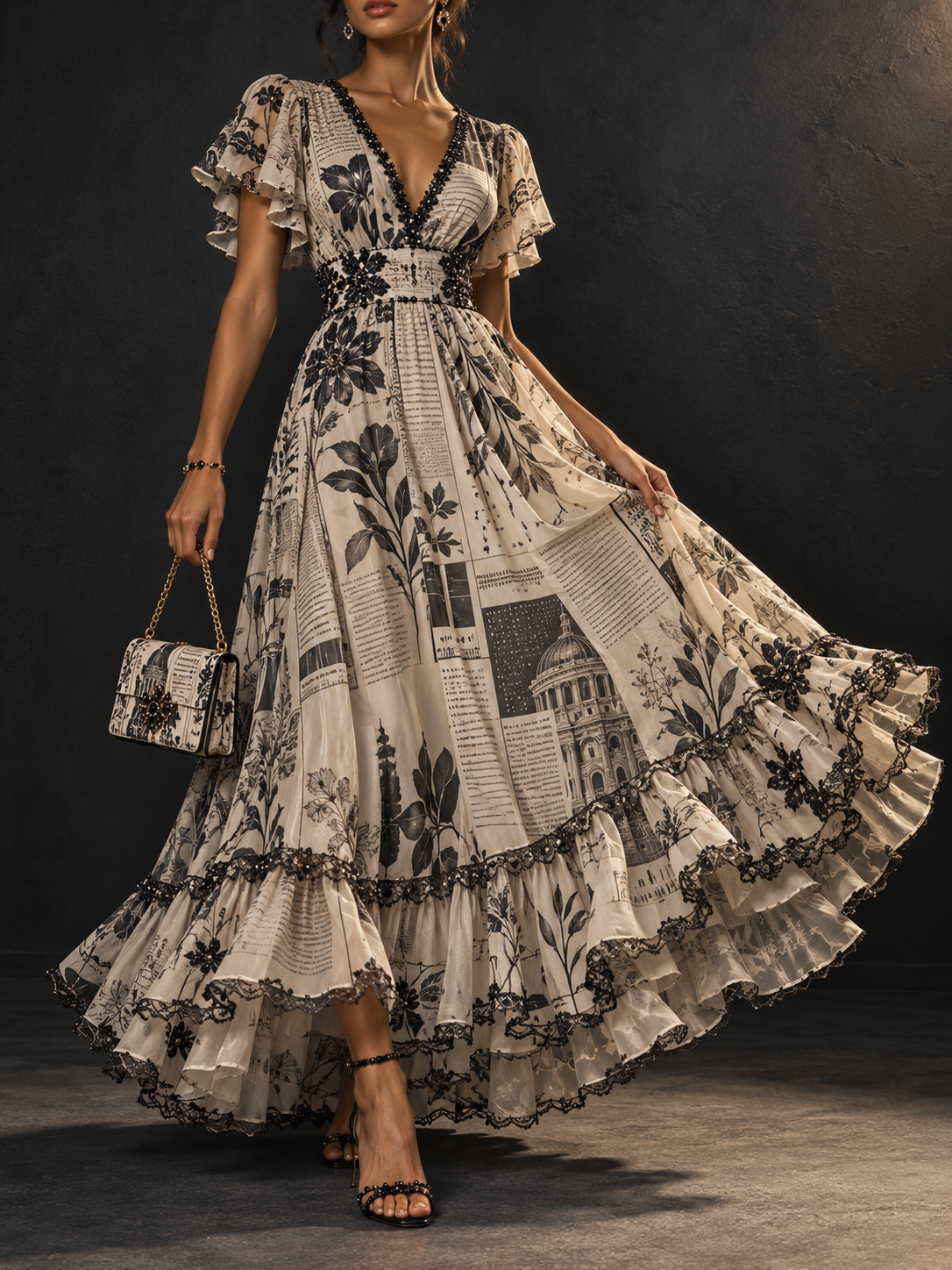 Beige Black Newspaper Print V Neck Flutter Sleeve Maxi Dress