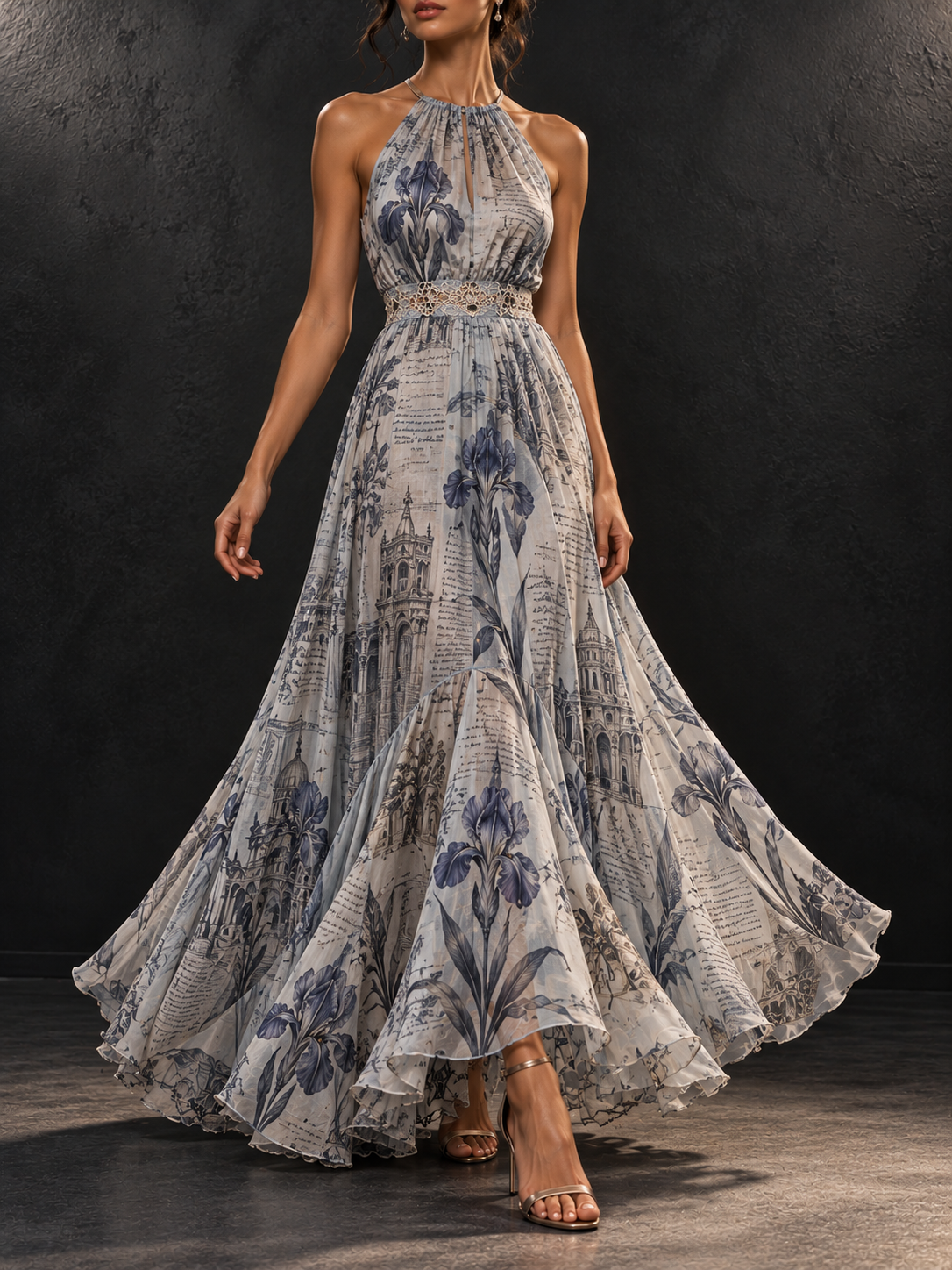 Beige Blue Newspaper Print Halter Maxi Dress