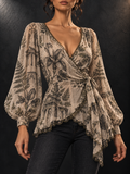 Beige Green Floral Newspaper Print Surplice Ruffle Blouse