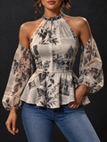 Beige Black Floral Newspaper Print Cold Shoulder Blouse