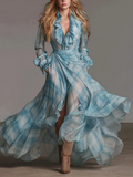 Sheer Plaid Ruffle Trim Belted Western Maxi Dress