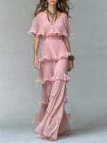 V-Neck Flutter Sleeve Pleated Tiered Maxi Dress