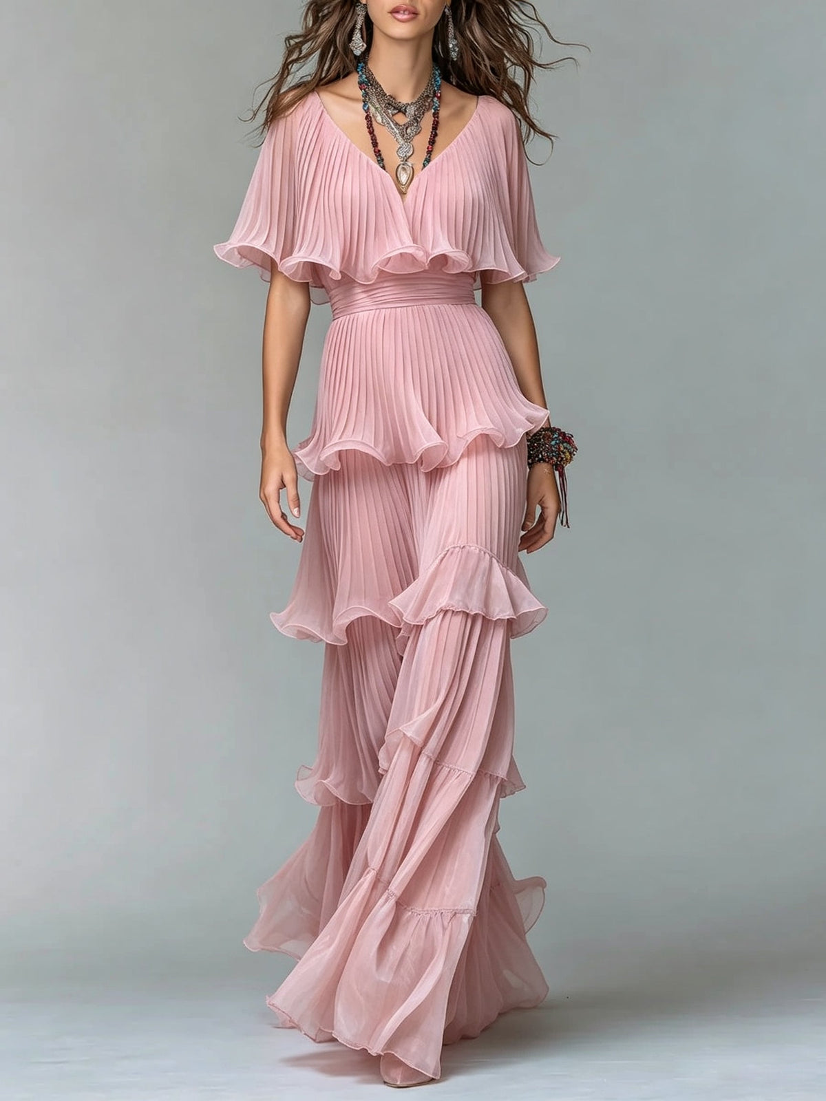 V-Neck Flutter Sleeve Pleated Tiered Maxi Dress