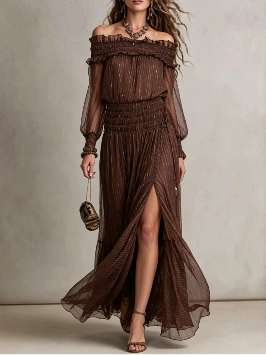 Off-Shoulder Lurex Stripe Smocked Waist Maxi Dress