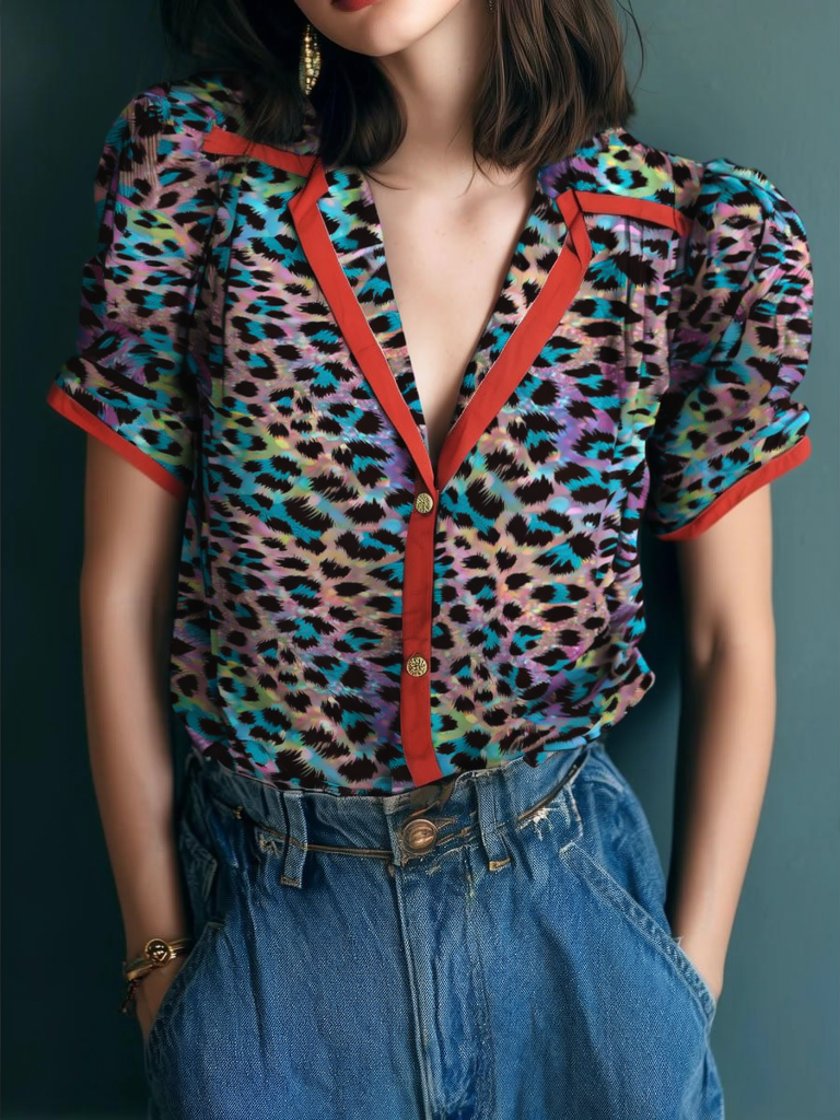 Iridescent Leopard Print Contrast Trim Short Sleeve Shirt