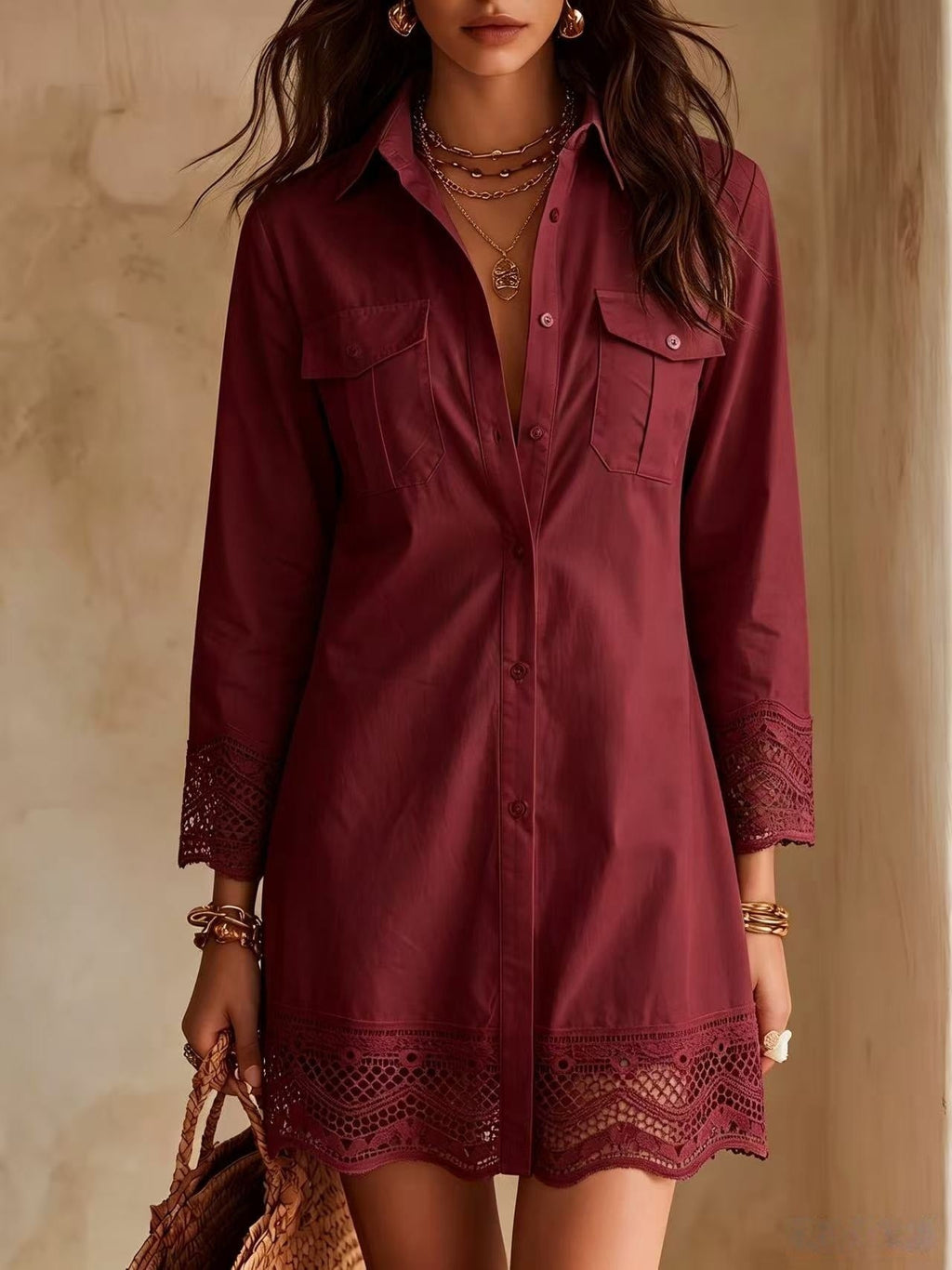 Hollow Lace Cuff Shirt Dress