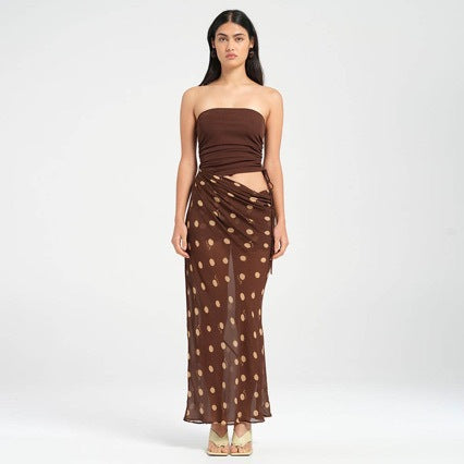 Summer Mock Two-Piece Strapless Maxi Dress in Butter Yellow Polka Dot