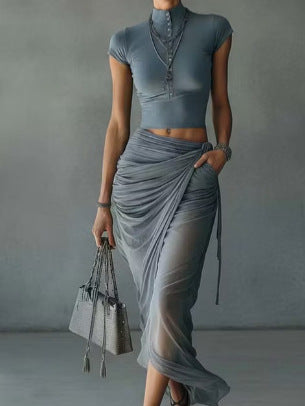 Stand Collar Tight Top and Chiffon Skirt Two-Piece Set
