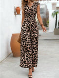 Leopard Print V-Neck Sleeveless Waisted Wide Leg Jumpsuit