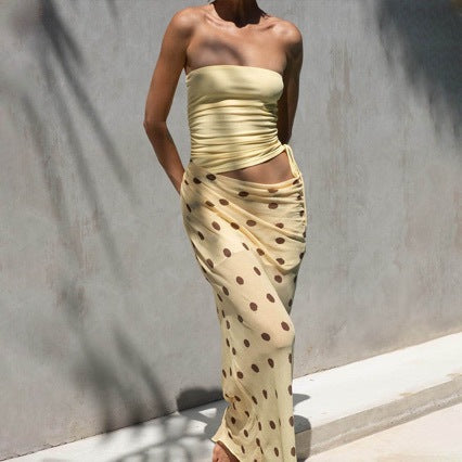 Summer Mock Two-Piece Strapless Maxi Dress in Butter Yellow Polka Dot