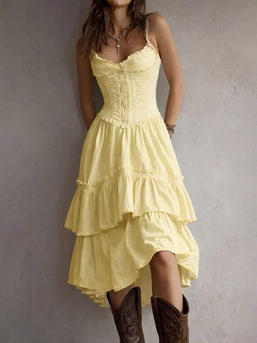 Retro Boho White Corset Tiered Midi Dress With Lace-Trim