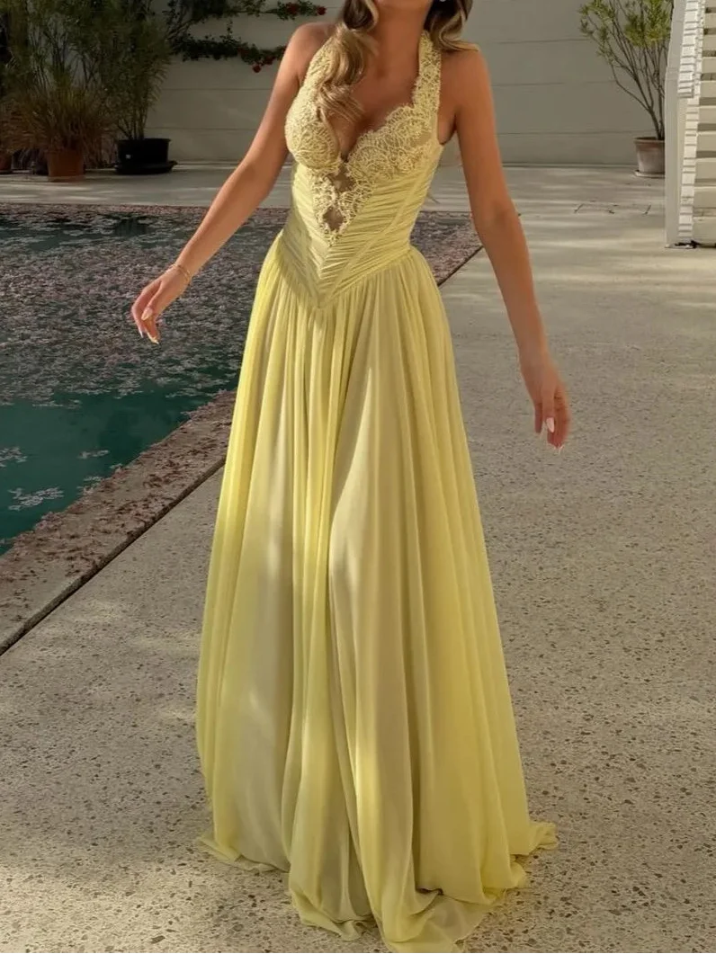Halter Lace Corset Chiffon Evening Gown