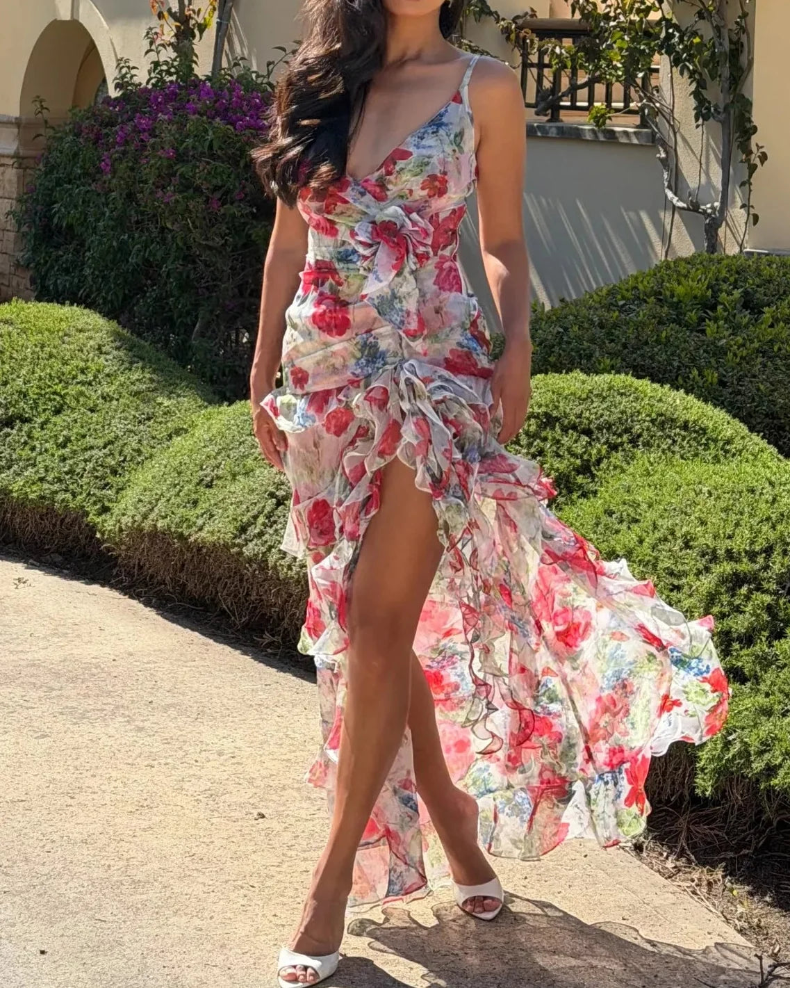 3D Flower Ruffle Chiffon High-Low Maxi Dress