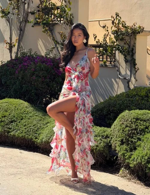 3D Flower Ruffle Chiffon High-Low Maxi Dress