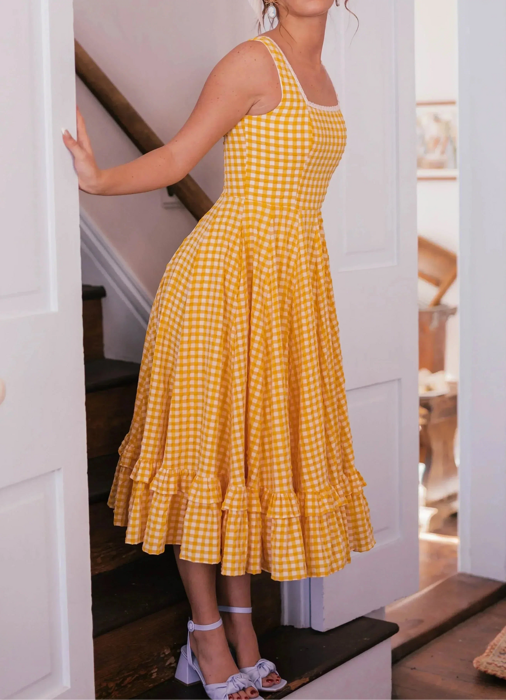 Yellow Gingham Square Neck Cami Ruffle Hem Midi Dress