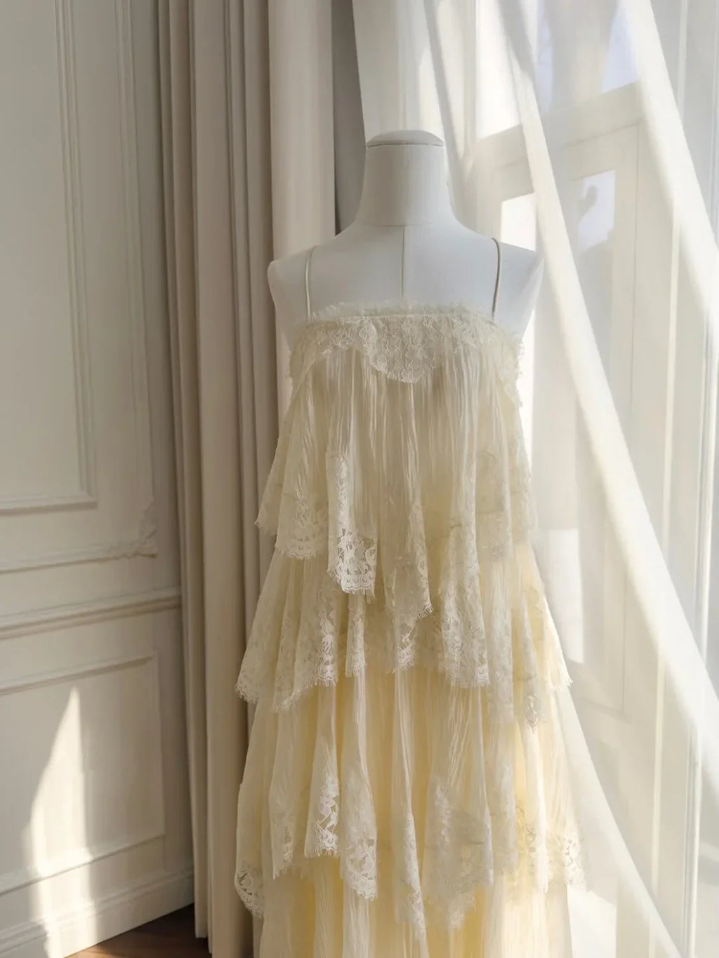 Cream Lace Tiered Open-Back Spaghetti Strap Maxi Dress