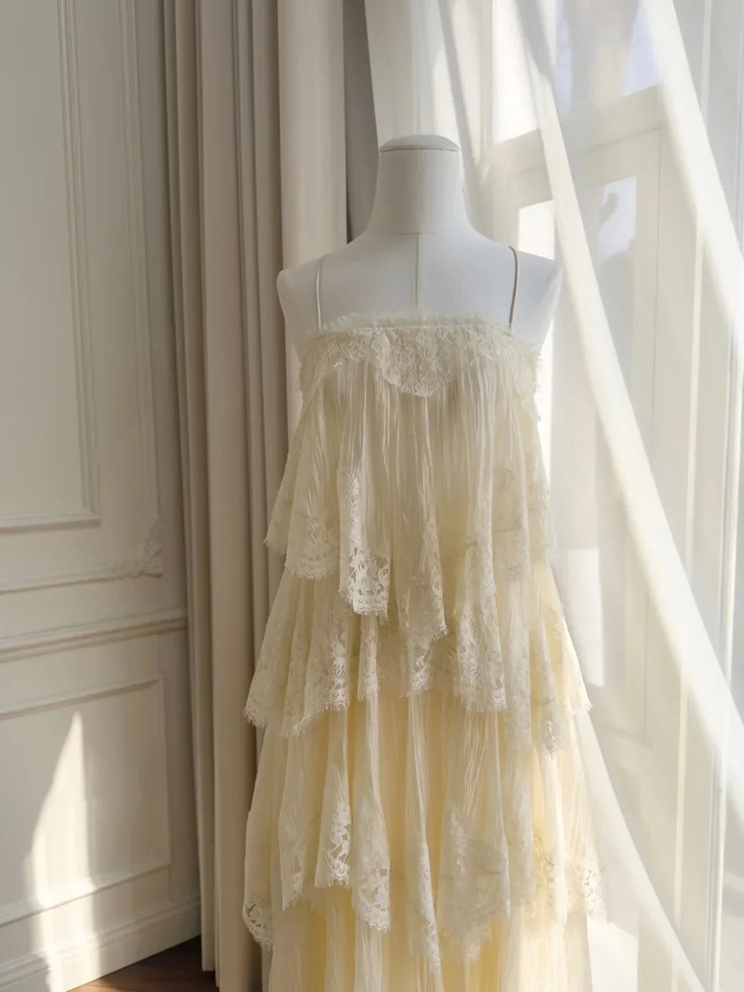 Cream Lace Tiered Open-Back Spaghetti Strap Maxi Dress