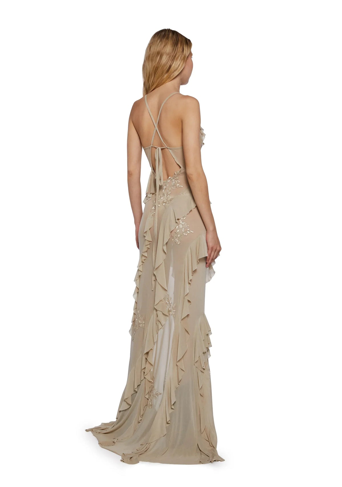 Nude Embroidered Lace Ruffle Sheer Slip Maxi Dress