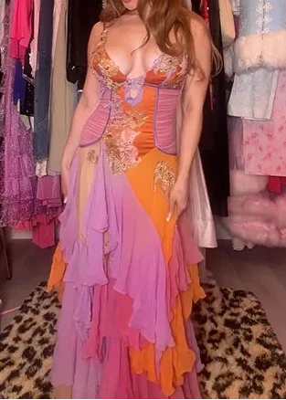 Colorblock Embroidered Corset Ruffle Mermaid Evening Gown