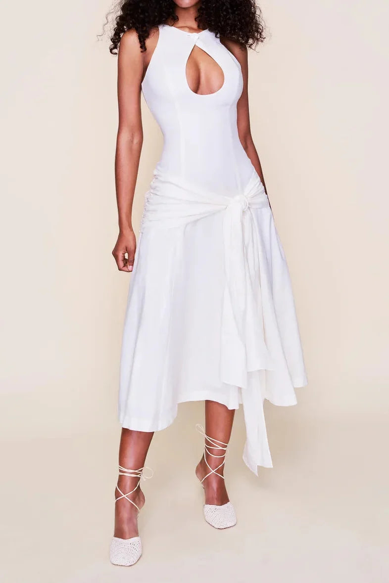 Halter Neck Keyhole Cutout Side Bow Tie Irregular Hem Midi Dress