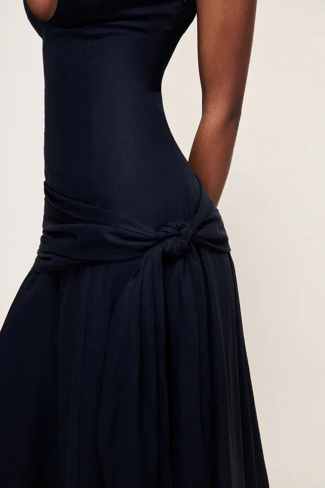 Halter Neck Keyhole Cutout Side Bow Tie Irregular Hem Midi Dress