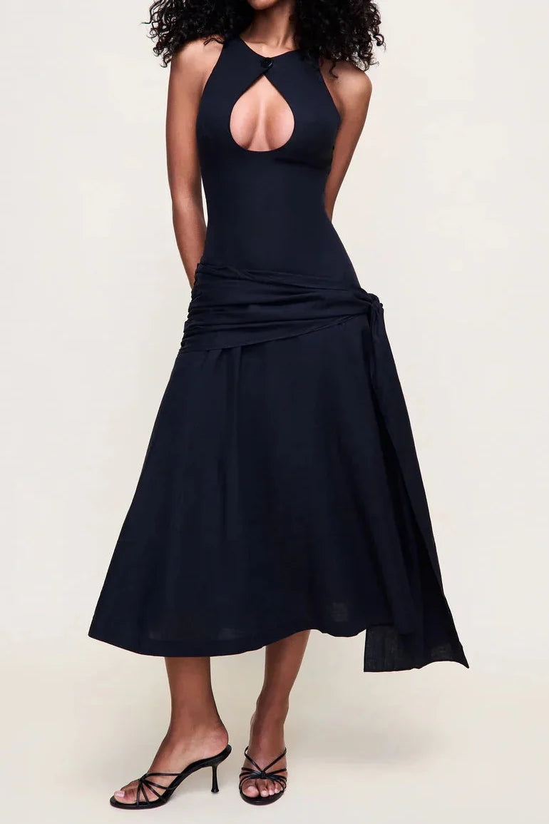 Halter Neck Keyhole Cutout Side Bow Tie Irregular Hem Midi Dress