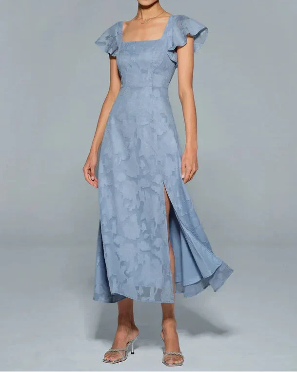 Dusty Blue Square Neck Flutter Sleeve Burnout Floral Back Tie Slit Midi Dress