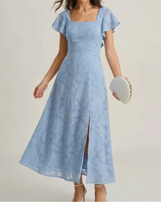 Dusty Blue Square Neck Flutter Sleeve Burnout Floral Back Tie Slit Midi Dress