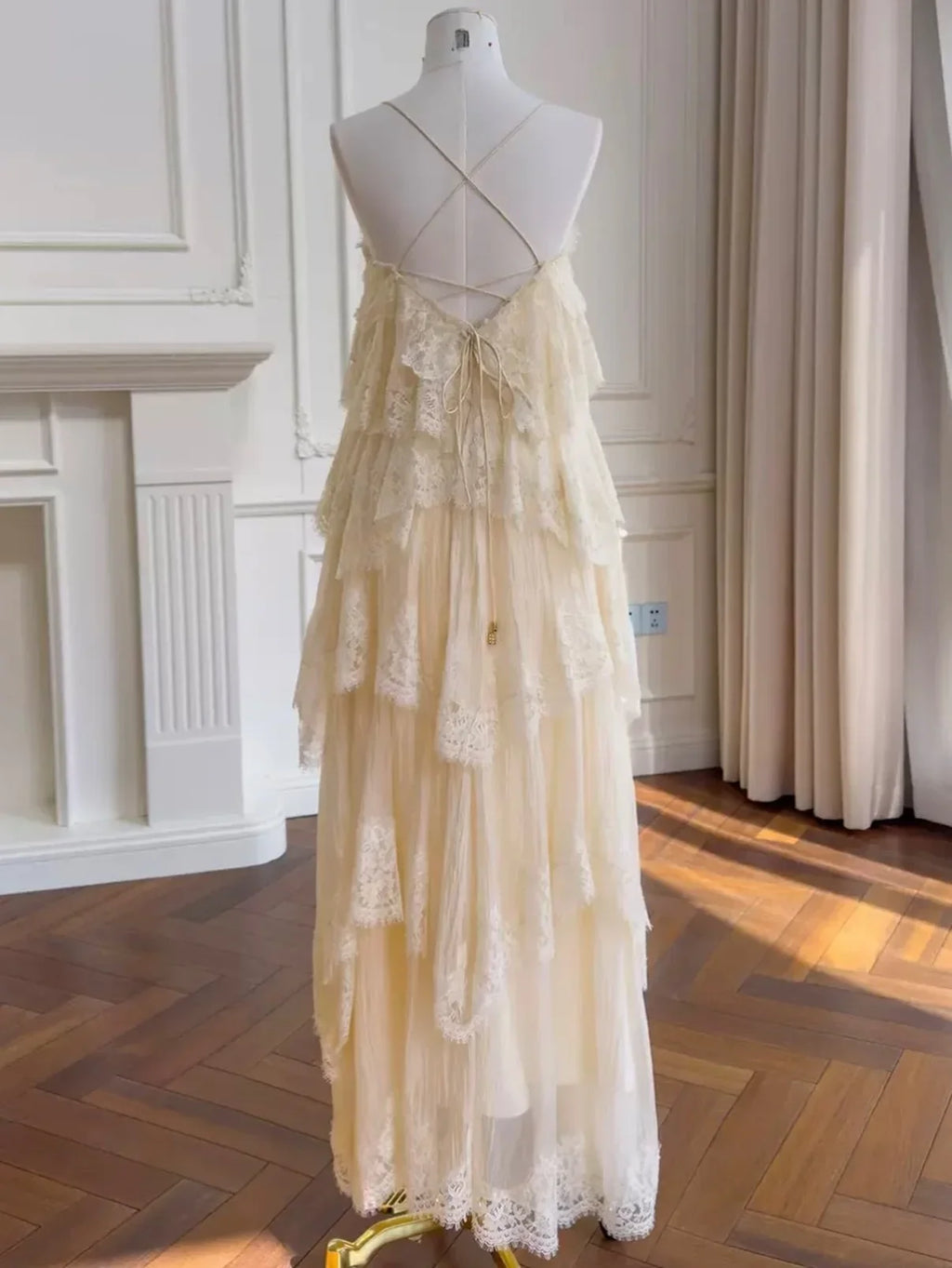 Cream Lace Tiered Open-Back Spaghetti Strap Maxi Dress