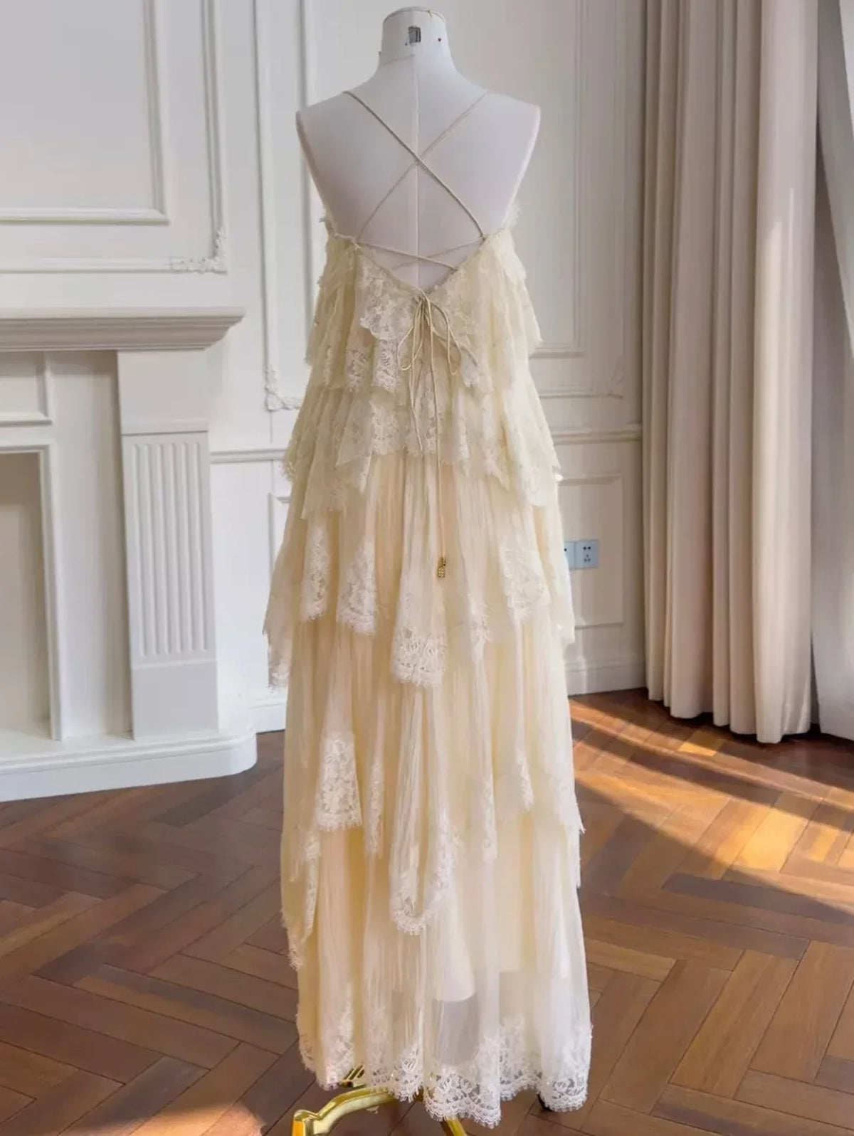 Cream Lace Tiered Open-Back Spaghetti Strap Maxi Dress