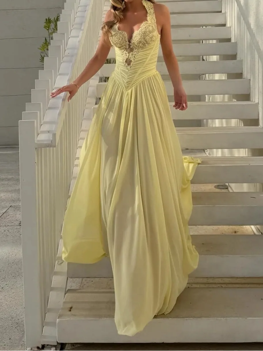 Halter Lace Corset Chiffon Evening Gown