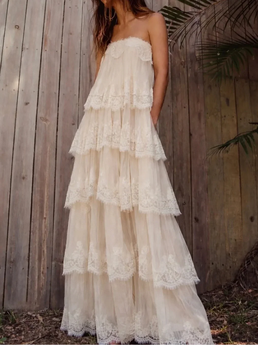 Cream Lace Tiered Open-Back Spaghetti Strap Maxi Dress