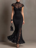 Black Ruffle Halter Button Contrast Trim Mesh Mermaid Maxi Dress
