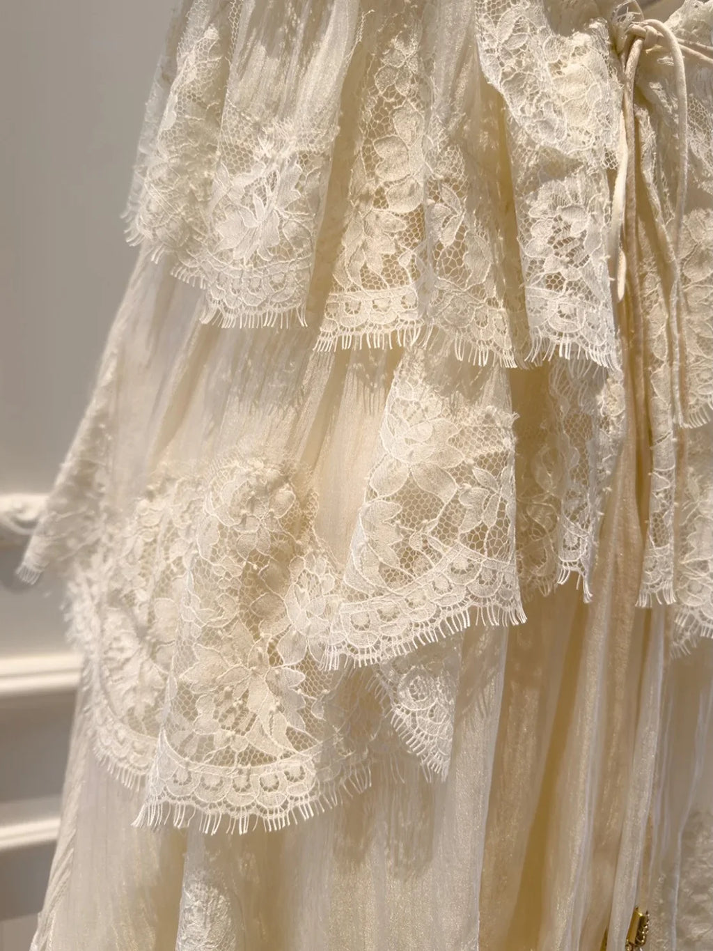 Cream Lace Tiered Open-Back Spaghetti Strap Maxi Dress