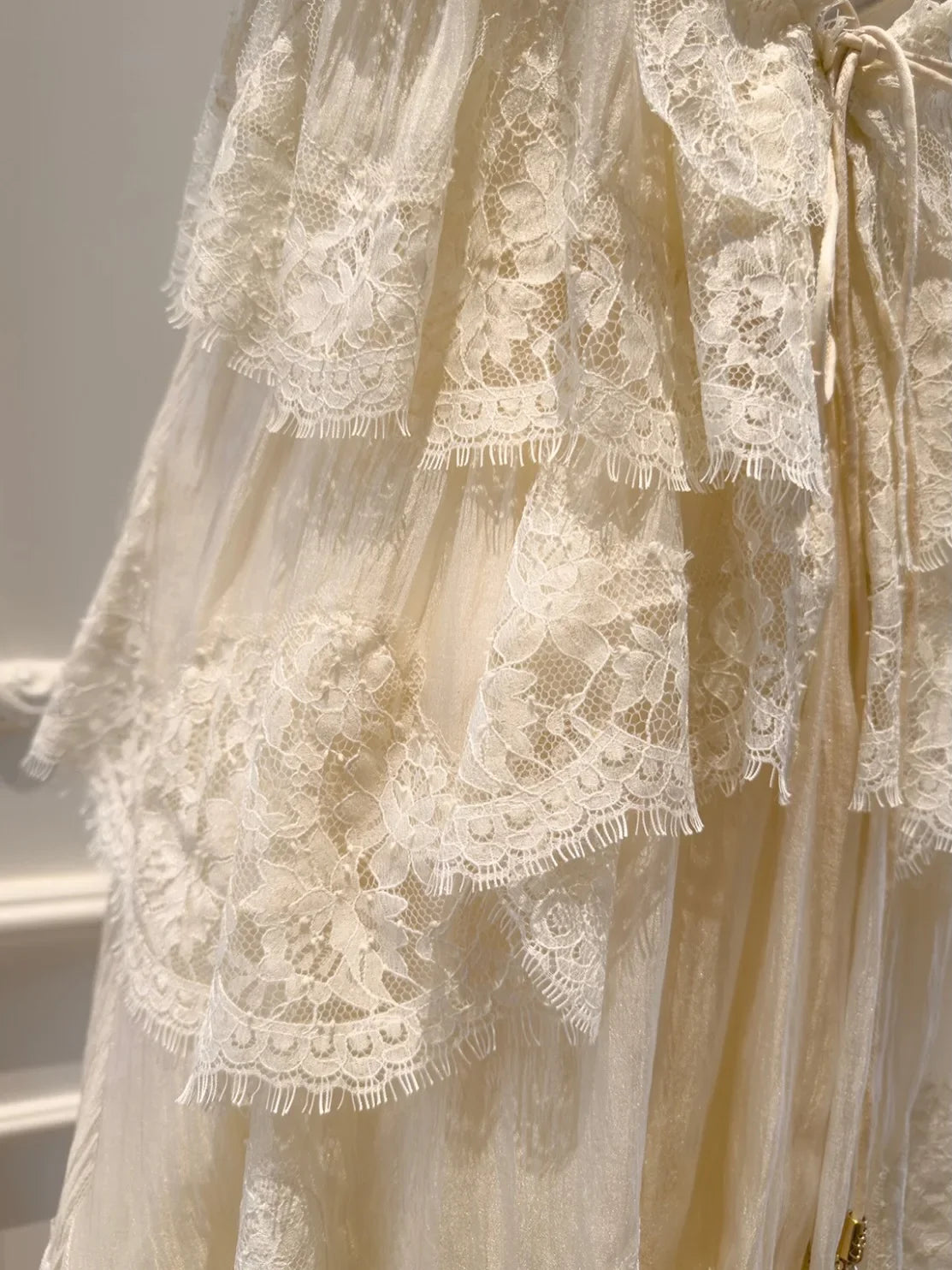 Cream Lace Tiered Open-Back Spaghetti Strap Maxi Dress