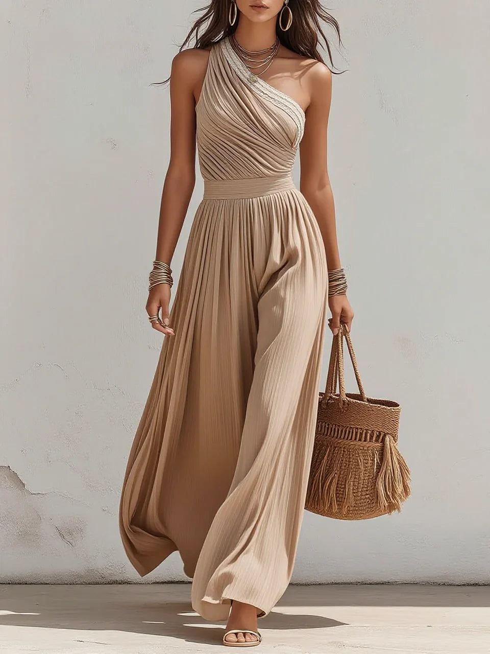 Nude Beige One-Shoulder Pleated Waist Wide-Leg Jumpsuit