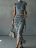 Stand Collar Tight Top and Chiffon Skirt Two-Piece Set