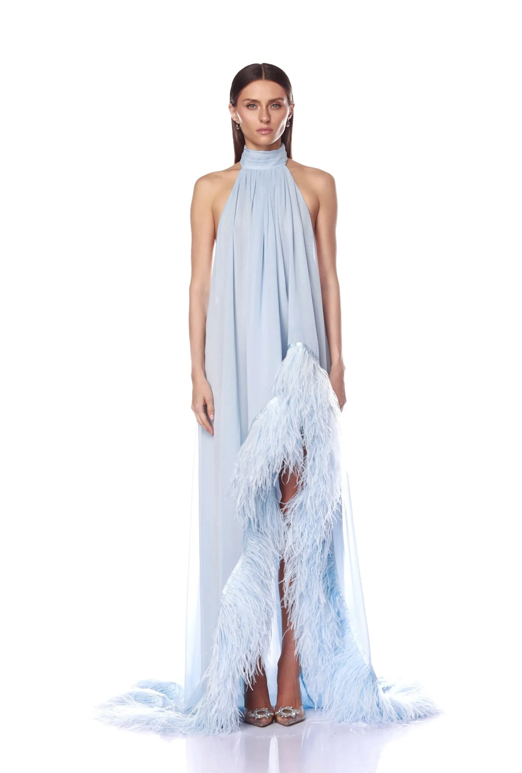 Light Blue Halter Feather Trim Backless High-Slit Evening Gown