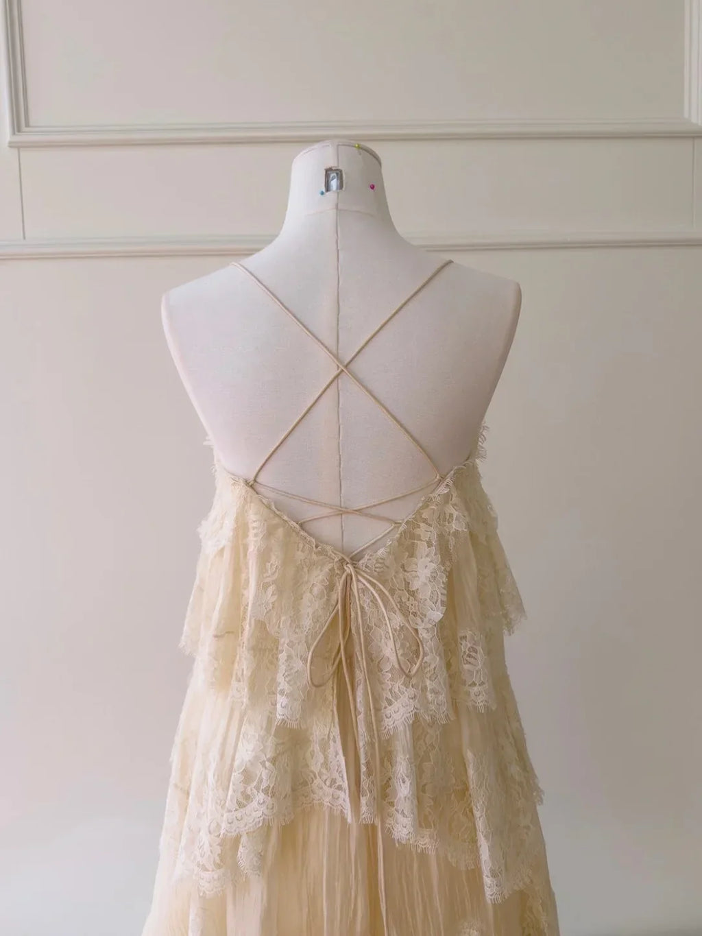 Cream Lace Tiered Open-Back Spaghetti Strap Maxi Dress
