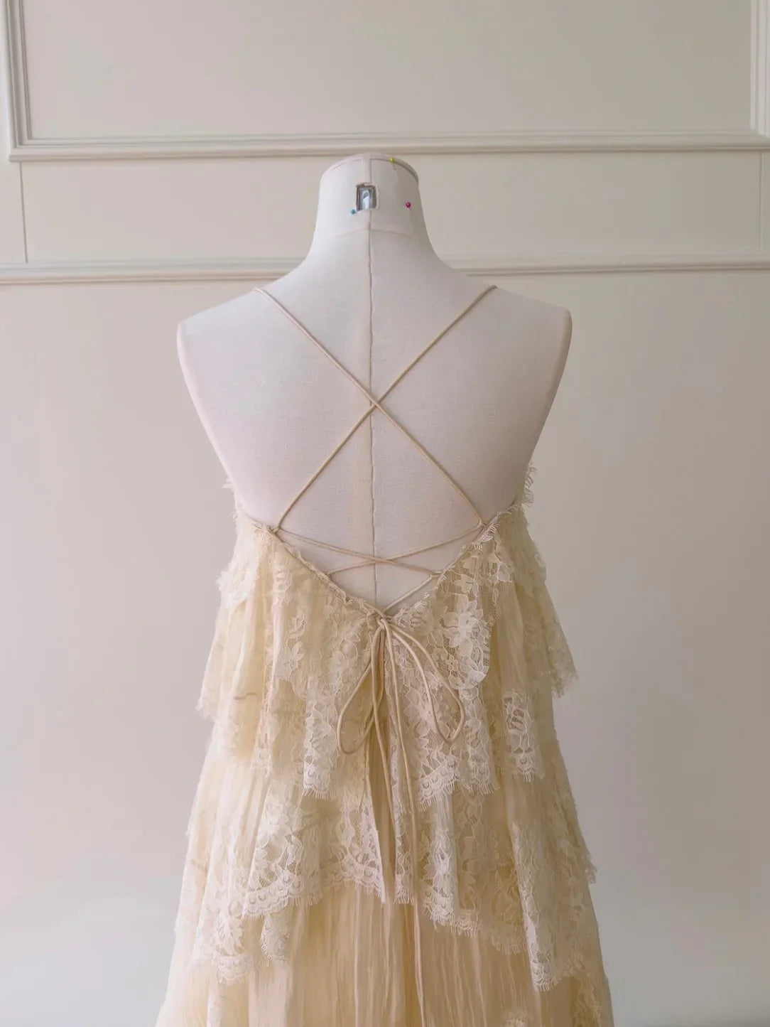 Cream Lace Tiered Open-Back Spaghetti Strap Maxi Dress