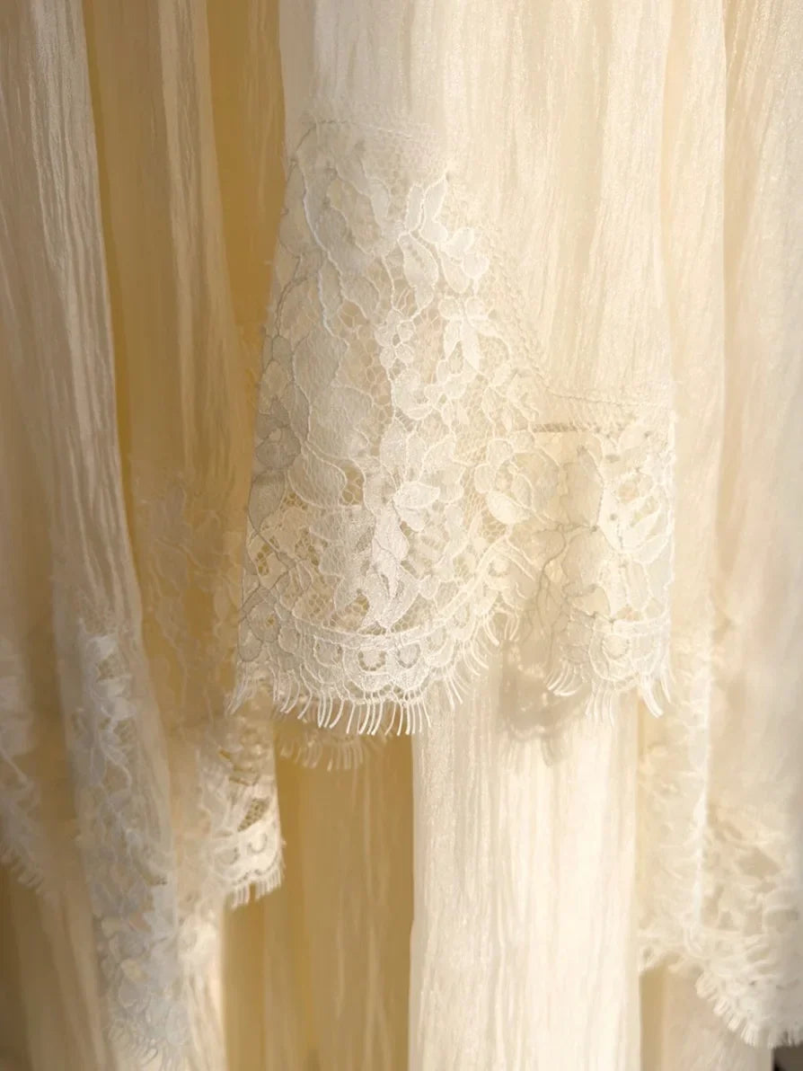 Cream Lace Tiered Open-Back Spaghetti Strap Maxi Dress