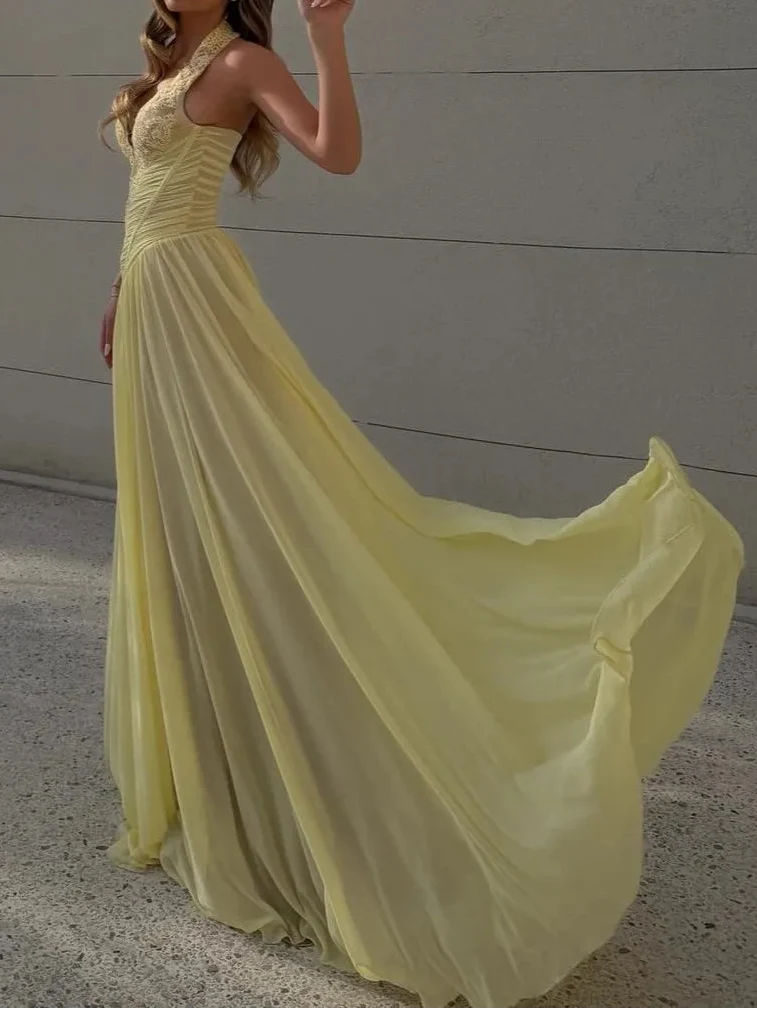 Halter Lace Corset Chiffon Evening Gown